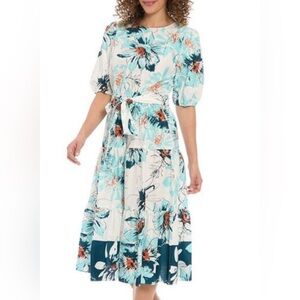 London Times Teal and White Floral Midi Dress